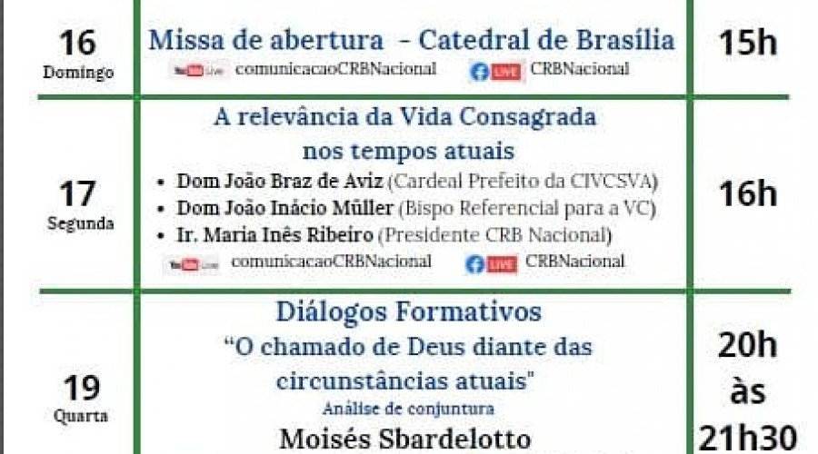 Programação da Semana da Vida Religiosa Consagrada